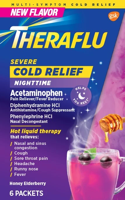 Theraflu Severe Cold Relief Nighttime with Honey Elderberry Flavor packaging