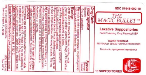 NDC 57648-002-10 THE MAGIC BULLET™ LAXATIVE SUPPOSITORIES EACH CONTAINING 10 mg BISACODYL USP TAMPER RESISTANT: INDIVIDUALLY SEALED FOR YOUR PROTECTION Contains No Hydrogenated Vegetable Oil 10 SUPPOSITORIES Concepts in Confidence