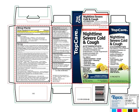 TopCare night time severe cold and coughhoney lemon infused with chamomile and white tea flavors packaging