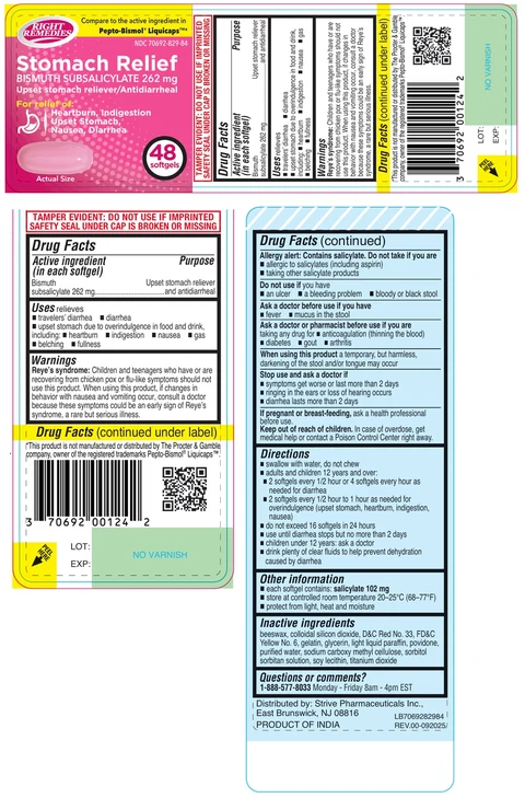 RIGHT REMEDIES Stomach Relief BISMUTH SUBSALICYLATE 262 mg softgel 포장