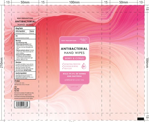 BODY PRESCRIPTIONS ANTIBACTERIAL HAND WIPES BERRY and CITRUS 포장