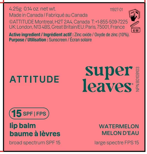 ATTITUDE Super leaves Lip Balm SPF 15 Watermelon 포장