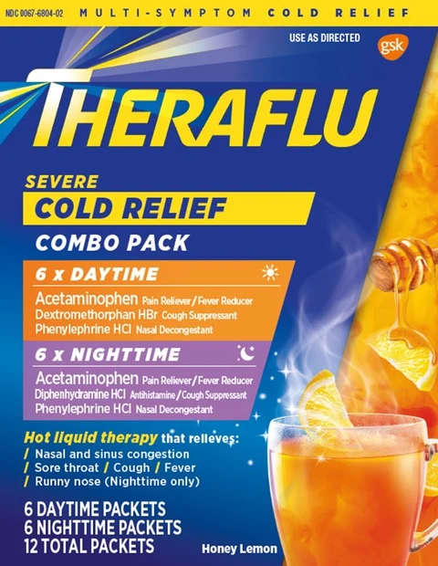 Theraflu Severe Cold Relief Daytime and Theraflu Severe Cold Relief Nighttime packaging