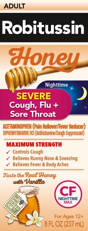 Robitussin Honey Severe Cough, Flu Plus Sore Throat Nighttime packaging