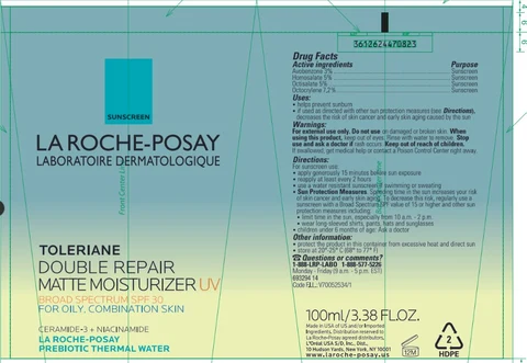 LA ROCHE POSAY LABORATOIRE DERMATOLOGIQUE TOLERAINE DOUBLE REPAIR MATTE MOISTURIZER UV BROAD SPECTRUM SPF 30 FOR OILY, COMBINATION SKIN packaging