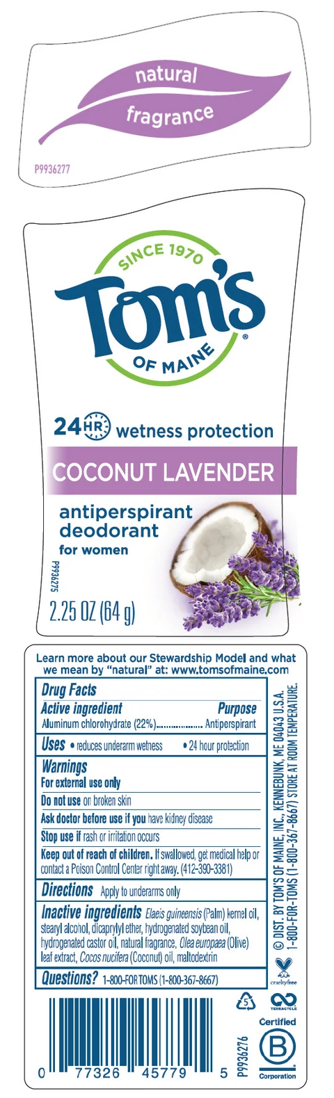 Toms of Maine Coconut Lavender Antiperspriant / Deodorant packaging