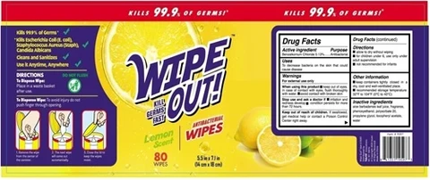 WIPE OUT Antibacterial Wipes Lemon Scent packaging