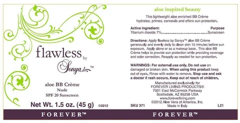 flawless by Sonya aloe BB creme NUDE SPF 20 Sunscreen packaging