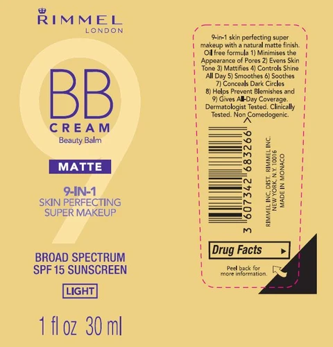Rimmel BB Cream Beauty Balm Matte 9-IN-1 Skin Perfecting Super Makeup SPF 15 packaging
