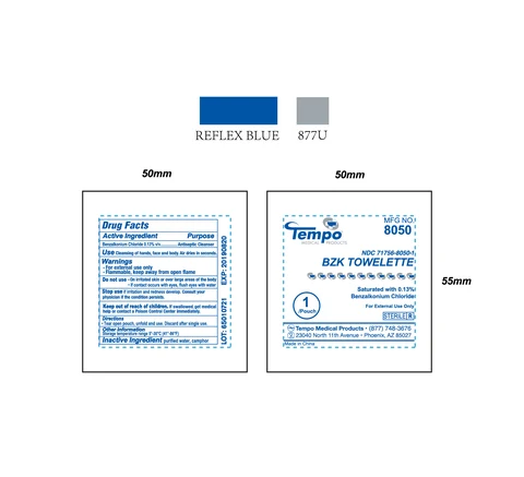 Tempo BZK Towelette / Tempo Alcohol Prep Pad / Tempo Sting Relief Pad packaging
