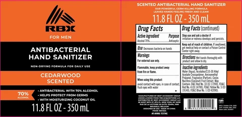 RBX For Men Antibacterial Hand Sanitizer Cedarwood Scented 포장