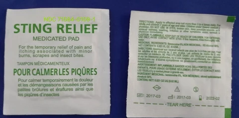 Sting relief pad packaging