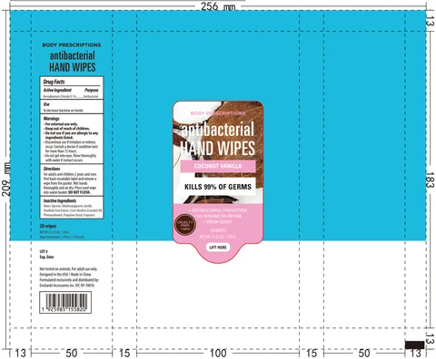 BODY PRESCRIPTIONS Antibacterial Hand Wipes Coconut Vanilla 포장