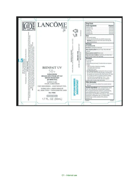 Lancome Paris Bienfait UV 50 Plus Broad Spectrum SPF 50 Plus Water Resistant 80 Minutes Super Fluid Facial Sunscreen packaging
