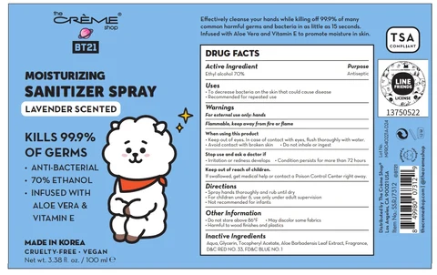 The creme shop BT21 MOISTURIZING SANITIZERSpray LAVENDER SCENTED packaging