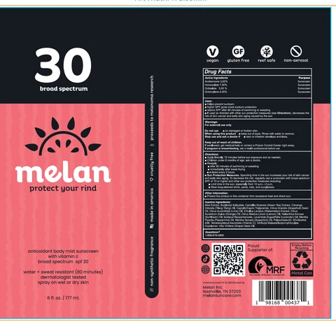 MELAN SPF-30 Antioxidant Body Mist Sunscreen 포장