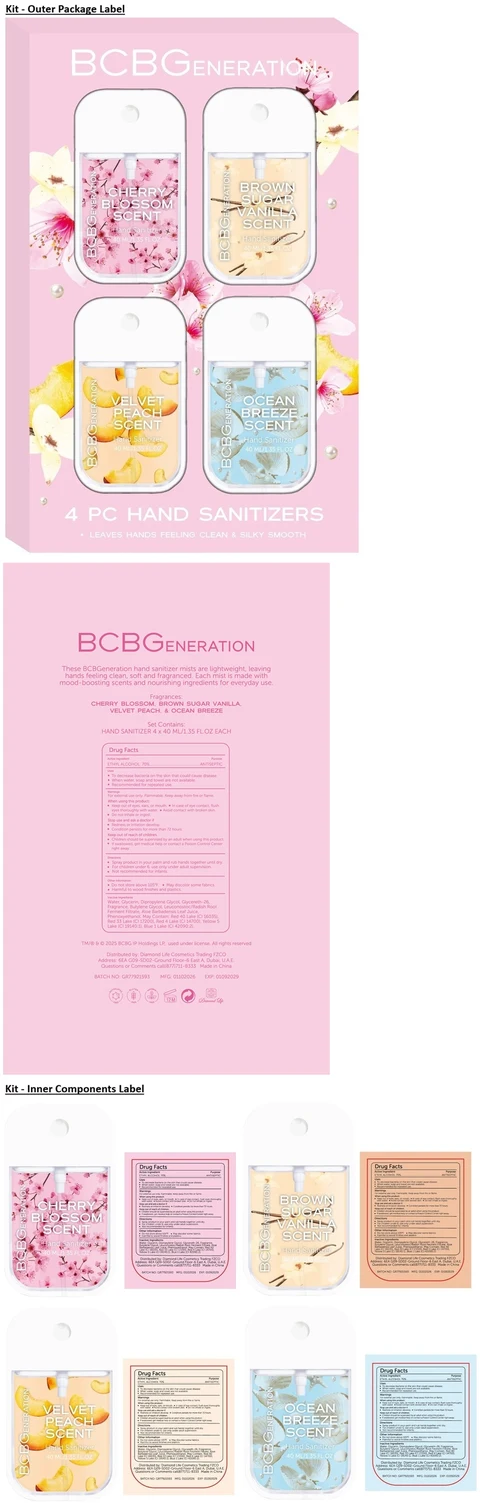BCBGENERATION 4 PC HAND SANITIZERS - CHERRY BLOSSOM, BROWN SUGAR VANILLA, VELVET PEACH AND OCEAN BREEZE SCENT 포장