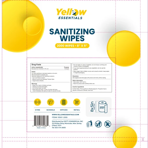 YELLOW ESSENTIALS SANITIZING WIPES packaging