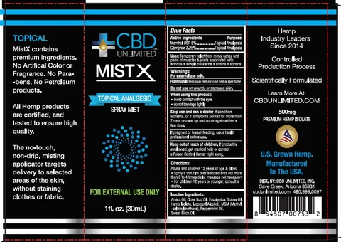 CBD UNLIMITED MISTX TOPICAL ANALGESIC packaging