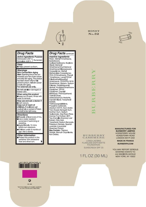 Burberry Cashmere Long-Lasting Flawless Soft-Matte Foundation Sunscreen SPF20 Honey packaging