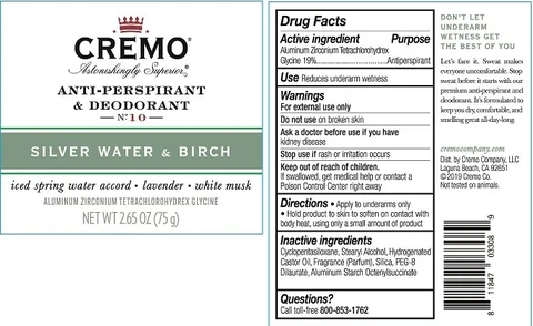 Cremo Anti-Perspirant DeodorantSilver Water and Birch 포장