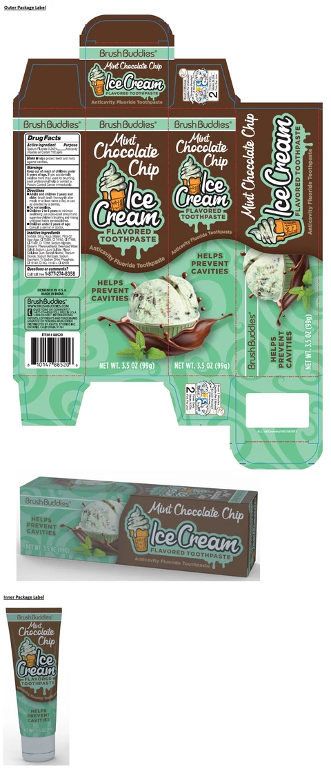 Brush Buddies Mint Chocolate Chip Ice Cream FLAVORED Anticavity Fluoride packaging