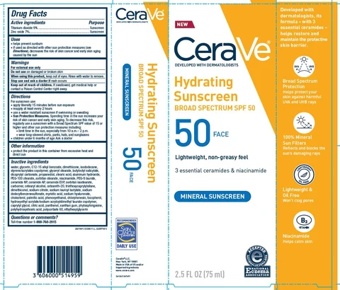 Cerave Developed with Dermatologists Hydrating Sunscreen SPF 50 Face Lightweight, non-greasy feel 3 essential ceramides niacinamide Mineral 포장