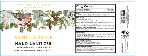 Taylor and Finch XMAS Vanilla Spice Hand Sanitizer packaging