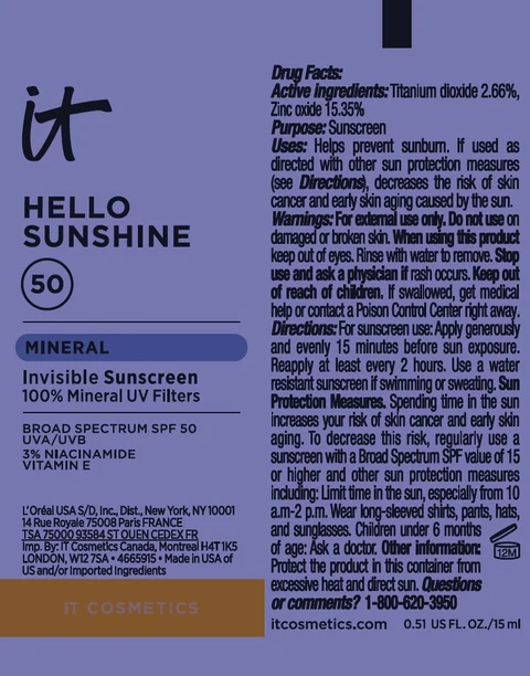 IT COSMETICS HELLO SUNSHINE Invisible Sunscreen Broad Spectrum SPF 50 UVA UVB Mineral 50 packaging