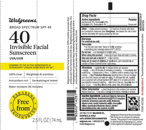 Walgreens 40 Invisible Facial Sunscreen Broad Spectrum SPF 40 포장