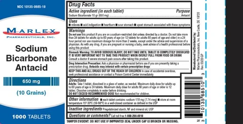 PRINCIPAL DISPLAY PANEL NDC 10135-685-10 Marlex Pharmaceuticals, Inc. Sodium Bicarbonate Sodium Bicarbonate 10gr (650 mg) Antacid 1000 Tablets