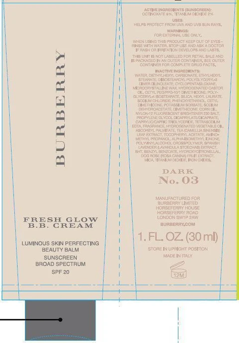 BURBERRY FRESH GLOW B.B. LUMINOUS SKIN PERFECTING BEAUTY BALM SUNSCREEN BROAD SPECTRUM SPF 20 DARK 03 포장