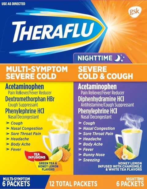 Theraflu Multi-Symptom Severe Cold and Theraflu Nighttime Severe Cold and Cough packaging