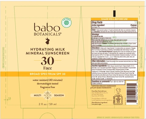 Babo Botanicals Hydrating Milk Mineral Sunscreen SPF 30 포장