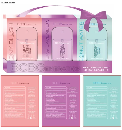 BCBGENERATION HAND SANITIZER TRIO - PEONY BLUSH, AMBER AND LAVENDER, COCONUT WATER SCENT 포장
