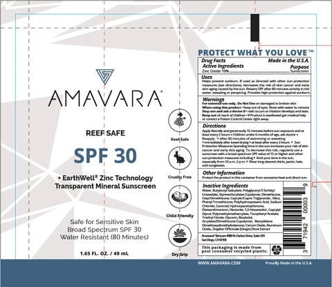 AMAVARA TRANSPARENT MINERAL SUNSCREEN SPF30EARTHWELL ZINC TECHNOLOGY, REEF SAFE 포장