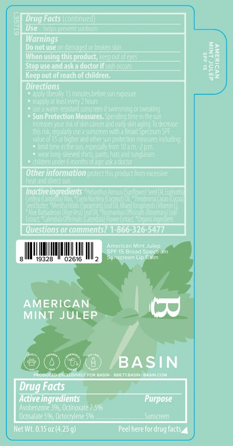 Basin American Mint Julep SPF 15 Broad Spectrum Sunscreen Lip Balm 포장