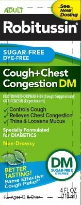 Robitussin Sugar-Free Dye-Free Cough Plus Chest Congestion DM packaging