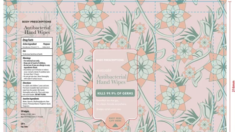 BODY PRESCRIPTIONS Rosewater Antibacterial Hand Wipes 포장