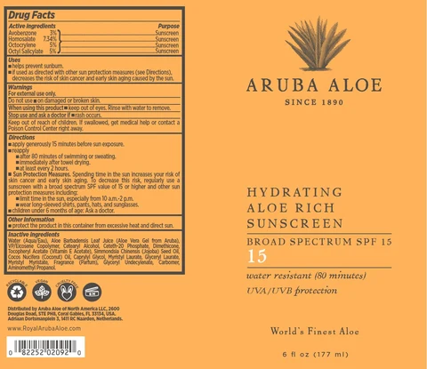 Aruba Aloe Hydrating Aloe Rich Sunscreen SPF 15 포장