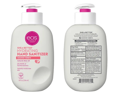 eos SHEA BETTERTM HYDRATING HAND SANITIZER coconut waters packaging
