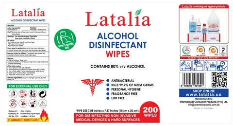 Latalia alcohol disinfectant wipes packaging