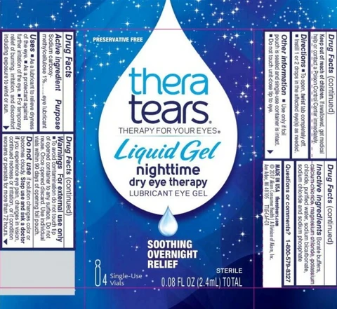 Principal Display Panel Text for Carton Label: PRESERVATIVE FREE RECOMMENDED DOCTOR CREATED thera tears® THERAPY FOR YOUR EYES® Liquid Gel nighttime dry eye therapy LUBRICANT EYE GEL SOOTHING OVERNIGHT RELIEF 4 Single-Use Vials 0.08 FL OZ (2.4 mL) TOTAL