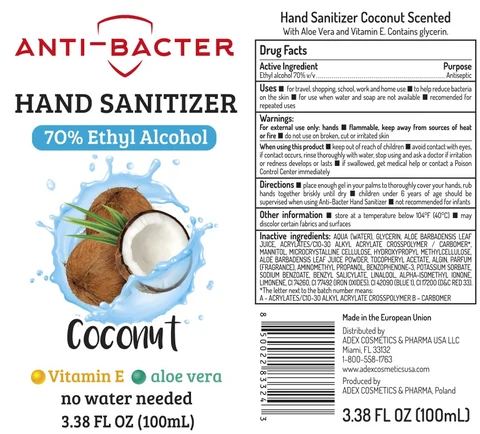 Anti-Bacter Hand Sanitizer 70 Ethyl Alcohol Coconut 포장