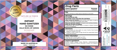 Taylor and Finch Instant Hand Sanitizer Rosehip packaging