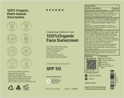 Sparms 100% Organic Face Sunscreen packaging
