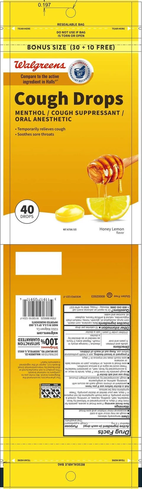 Walgreens Honey Lemon Cough Drops packaging