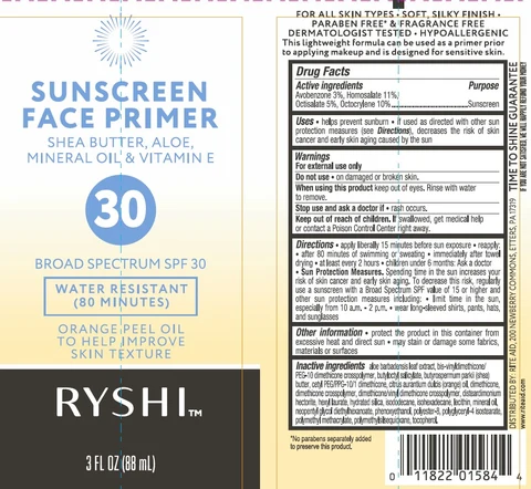 Rite Aid Ryshi Sunscreen Face Primer Shea Butter, Aloe, Mineral Oil, and Vitamin E Broad Spectrum SPF 30 packaging