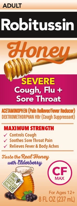Robitussin Honey Severe Cough, Flu Plus Sore Throat packaging