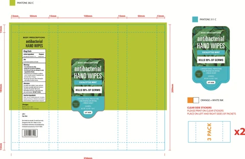 BODY PRESCRIPTIONS Antibacterial Hand Wipes EUCALYPTUS MINT 포장
